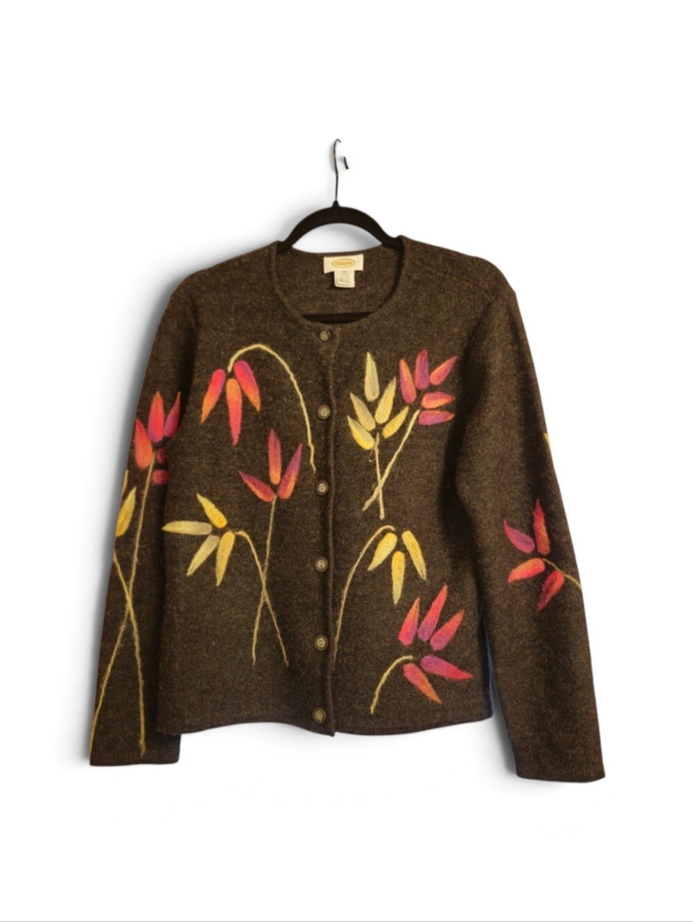 TALBOTS WOMENS VINTAGE 100% WOOL GRAY SWEATER WITH EMBROIDERED FLOWERS SIZE M